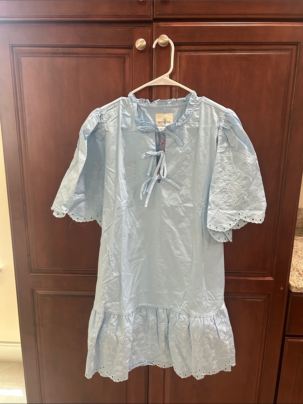 Umgee Light Blue Eyelet Tie-Neck Embroidered Dress